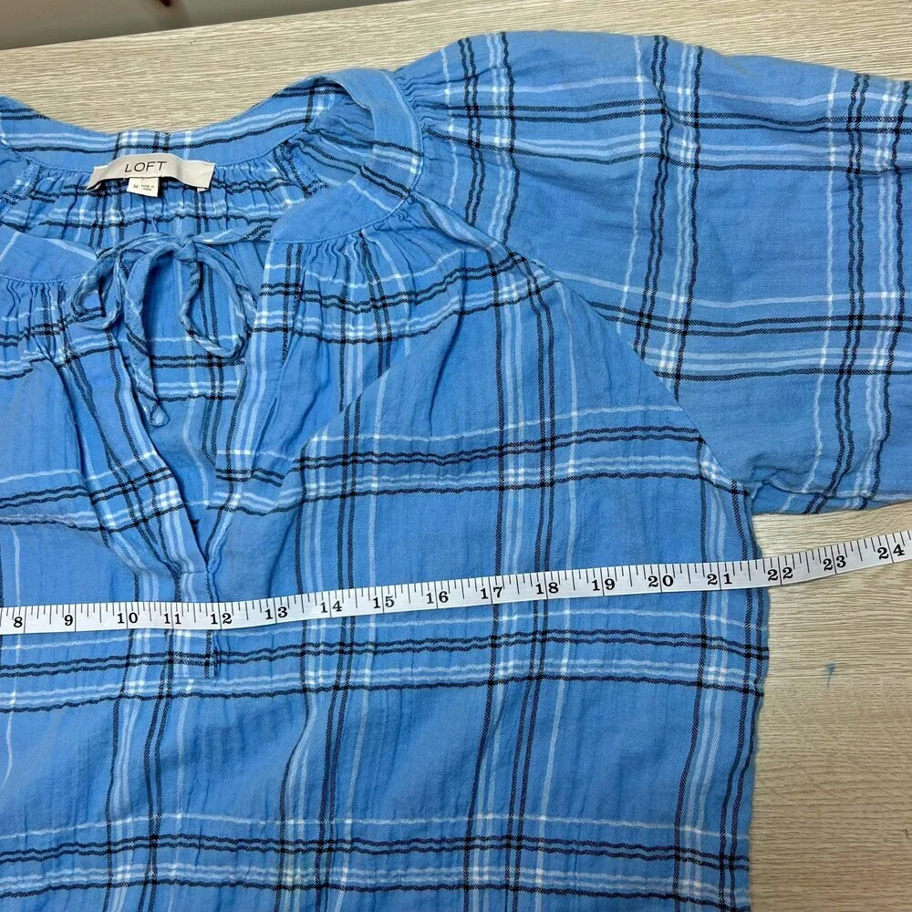 LOFT Blouse Womens L Short Puff Sleeve Tied V-Neck Blue Plaid Print Babydoll